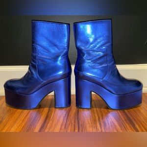 Dries Van Noten Electric Blue Metallic Leather Platform Boots Size 36 EU / 6 US